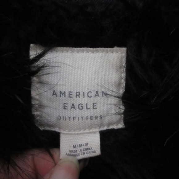 American Eagle Jean Jacket Medium Black Faux Fur Grunge‎ Punk Fade Distressed - Picture 5 of 8